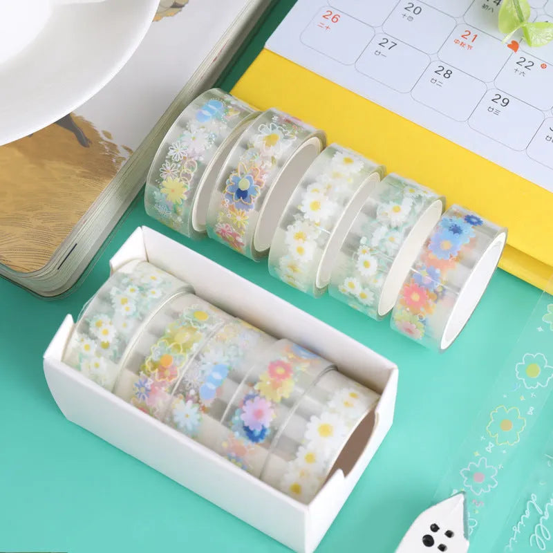 Midsummer Daisy colour decorative adhesive tape on transparent PET polyester base, 1.5cm width