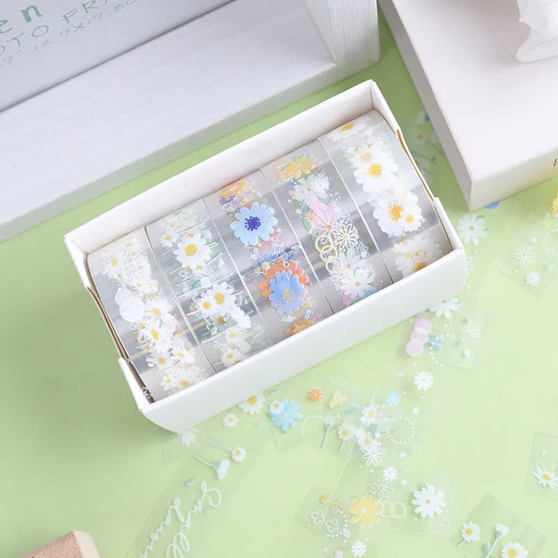 Midsummer Daisy colour decorative adhesive tape on transparent PET polyester base, 1.5cm width
