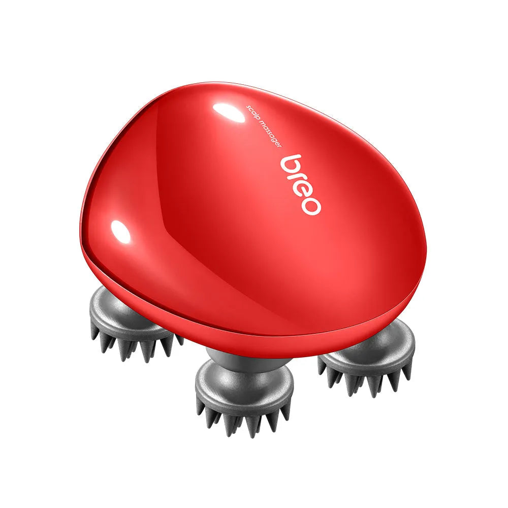 Red electric scalp massager with silicone comb for head tension relief.