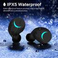 Black TWS Bluetooth headset with bilateral stereo earplugs showing 15 metre wireless range