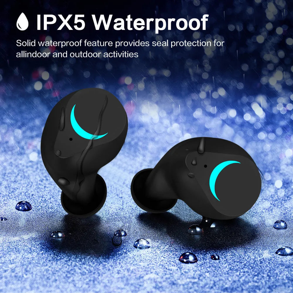Black TWS Bluetooth headset with bilateral stereo earplugs showing 15 metre wireless range