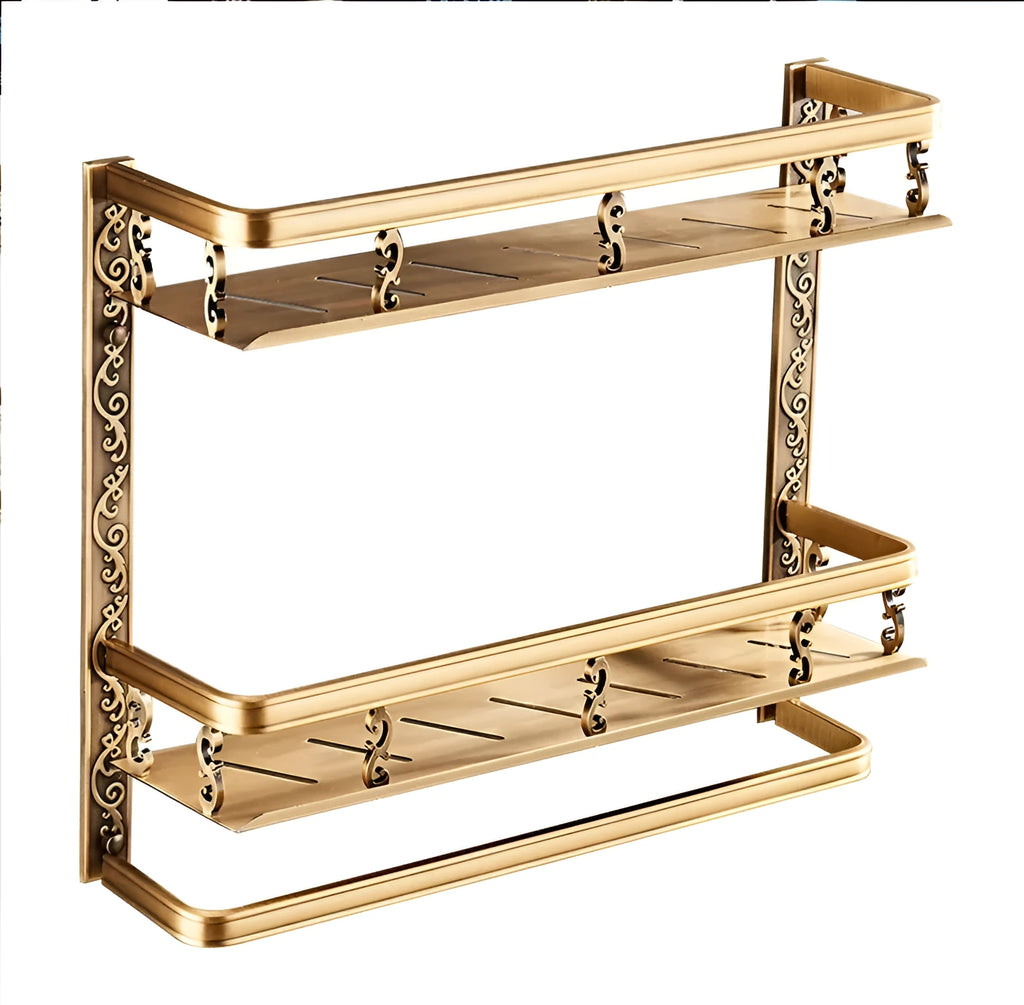 Double-layer black bathroom shelf made of aluminium-magnesium alloy with anodised brushed finish, wall-mounted with pole