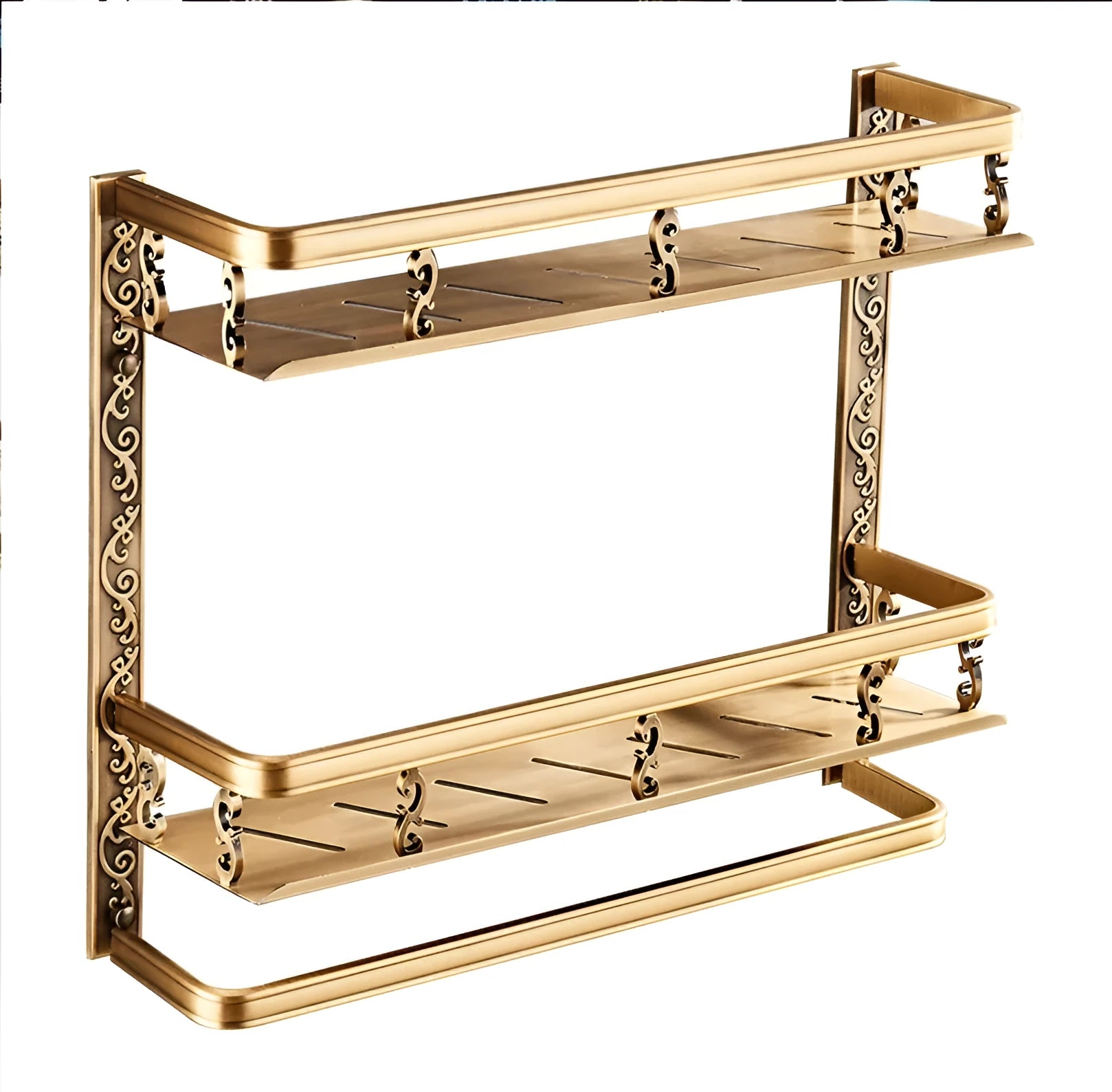 Double-layer black bathroom shelf made of aluminium-magnesium alloy with anodised brushed finish, wall-mounted with pole