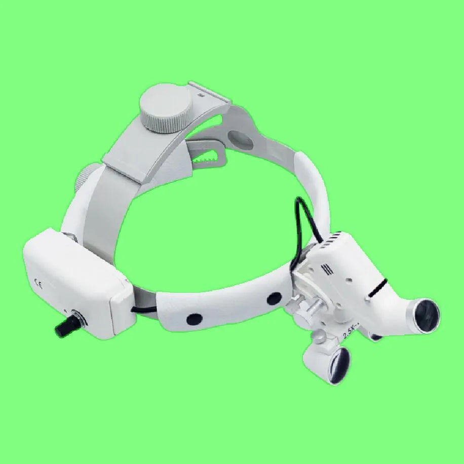 Head-mounted medical magnifying lens LED spotlight in white with adjustable magnification