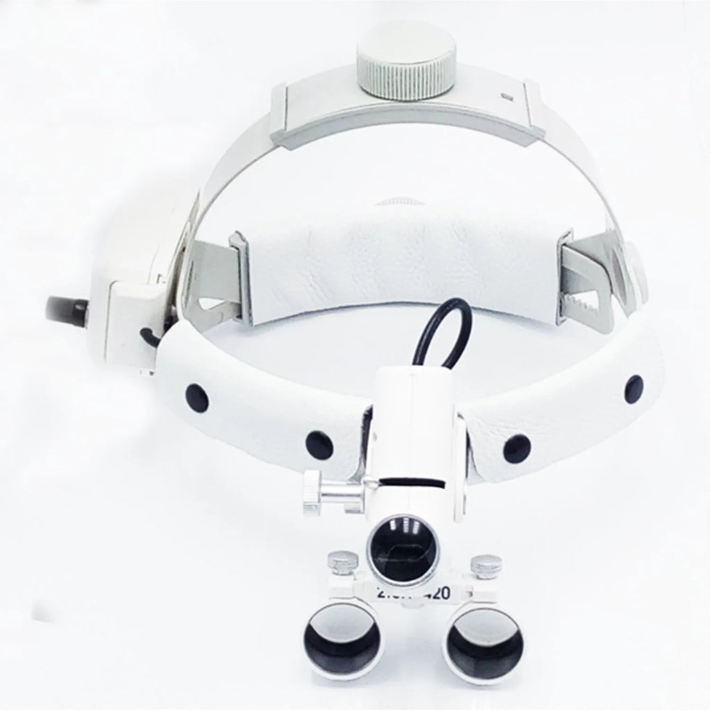 Head-mounted medical magnifying lens LED spotlight in white with adjustable magnification