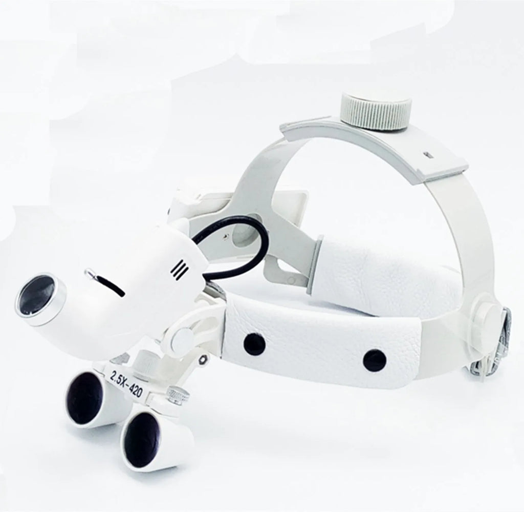 Head-mounted medical magnifying lens LED spotlight in white with adjustable magnification