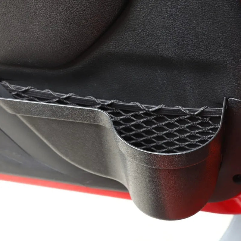 Pair of black aluminium alloy car interior storage boxes with net pocket design