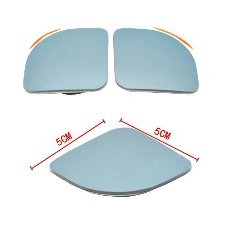 Pair of white, fan-shaped, adjustable car blind spot mirrors showing 360-degree rotation.