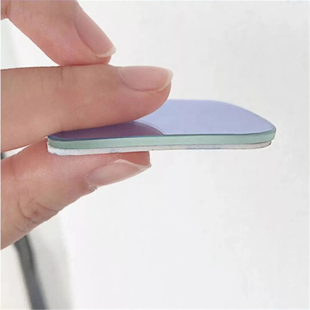 Pair of white, fan-shaped, adjustable car blind spot mirrors showing 360-degree rotation.