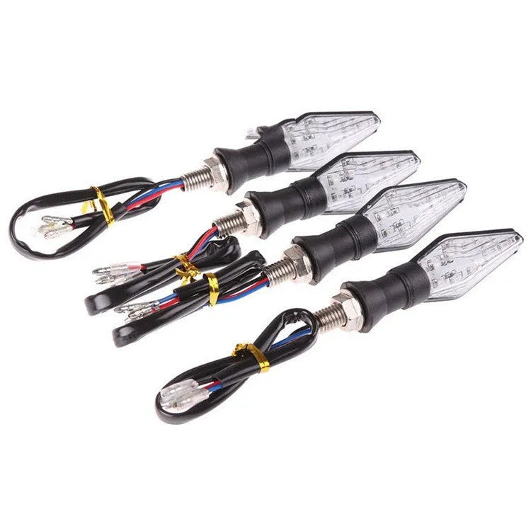 Motorcycle LED turn signal lights with double-sided luminous design showing yellow and blue lighting