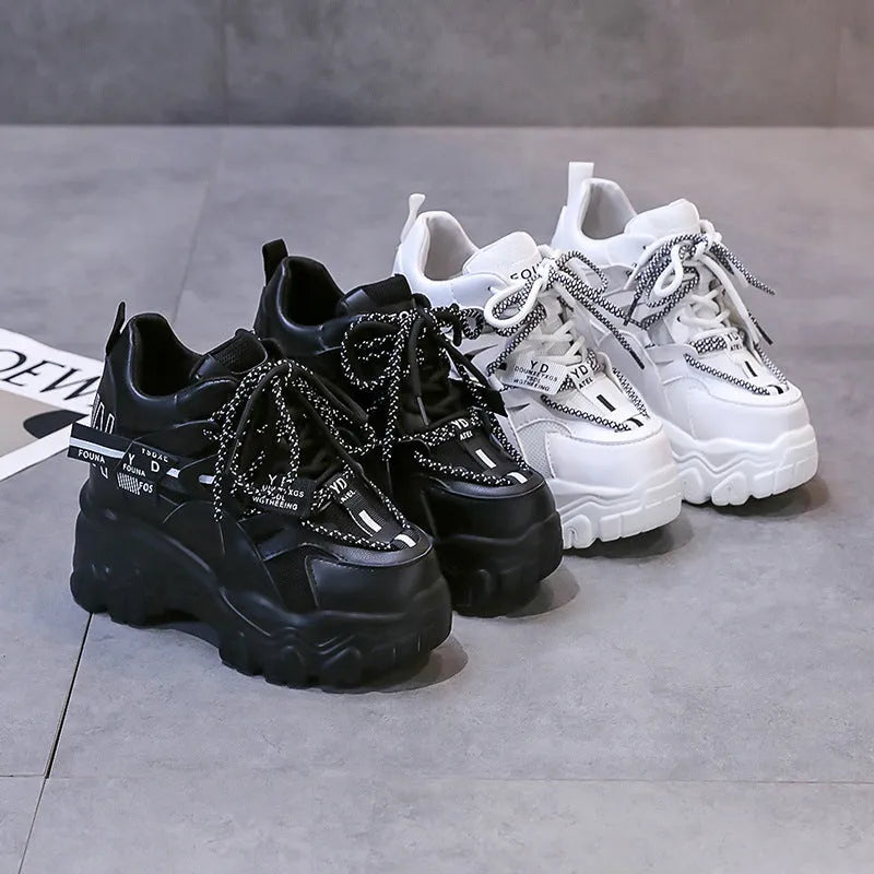 Women's white breathable mesh platform sports shoes with cross strap and 6-8 cm heel.