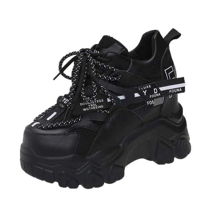 Women's white breathable mesh platform sports shoes with cross strap and 6-8 cm heel.
