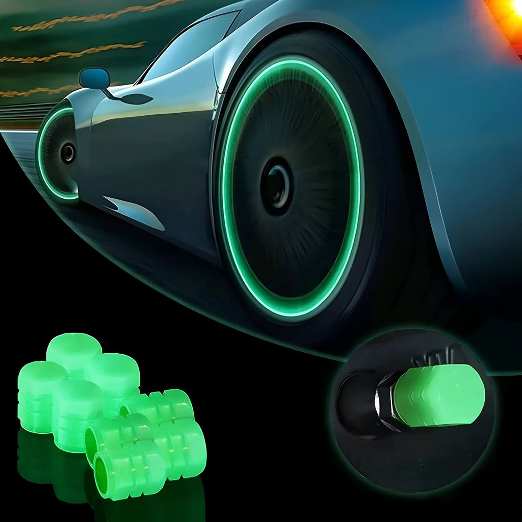 Luminous rubber tyre valve caps showing split design and available glow colours