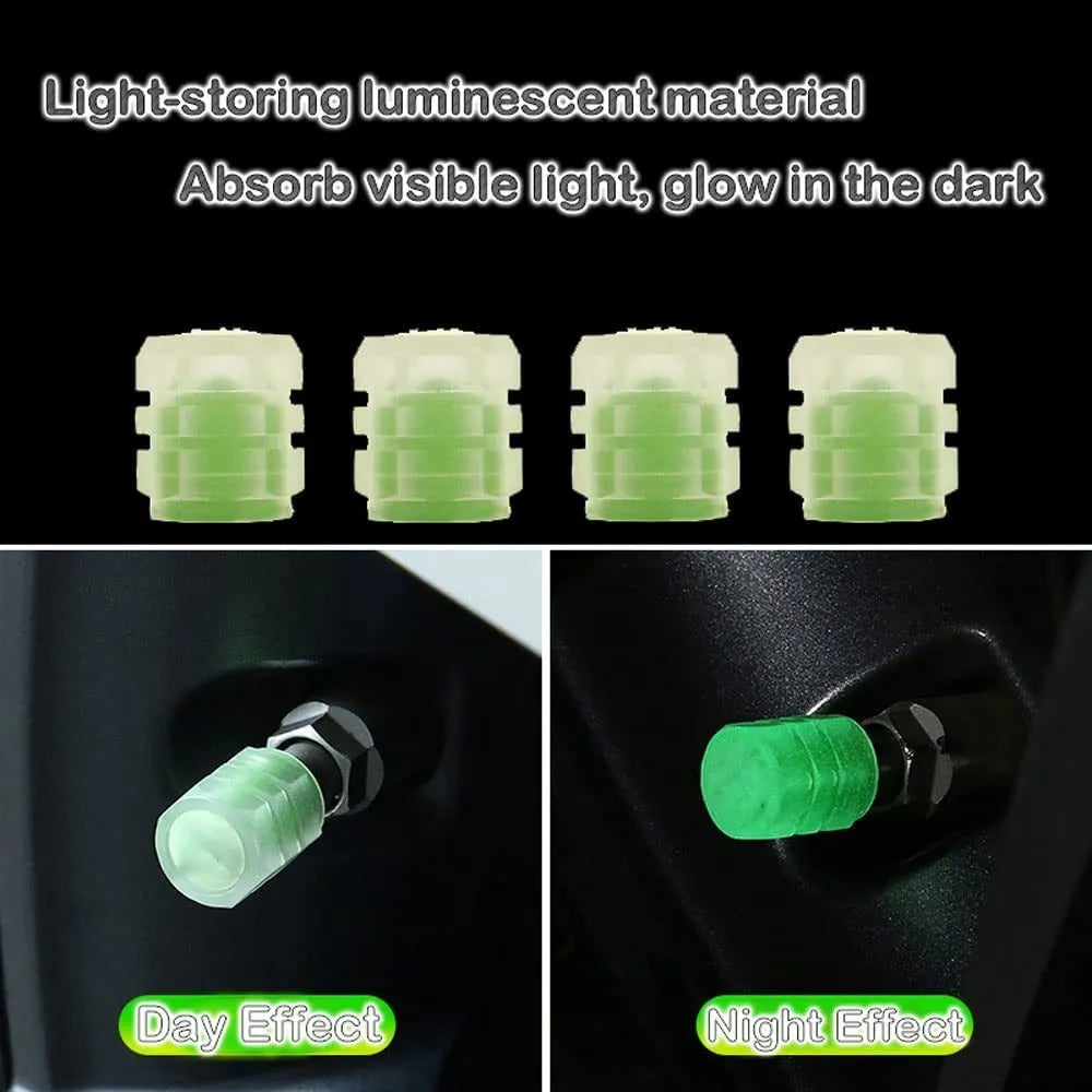 Luminous rubber tyre valve caps showing split design and available glow colours