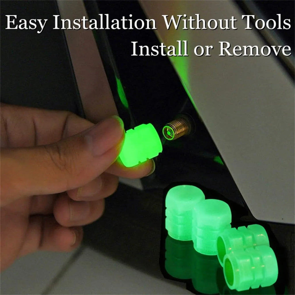 Luminous rubber tyre valve caps showing split design and available glow colours