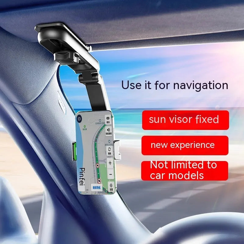 Car mobile phone bracket with one-clip design mounted on car air vent, showing adjustable side clamps