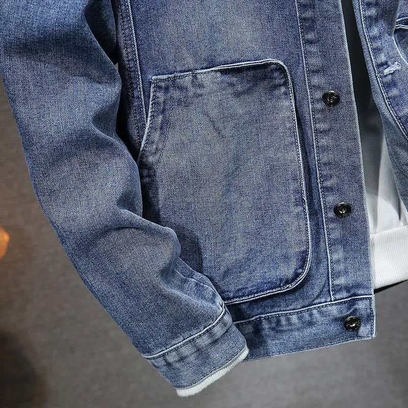 Men's hooded denim jacket in light blue, dark blue, or black, slim fit with cotton lining and size stick pocket, sizes M to 5XL.