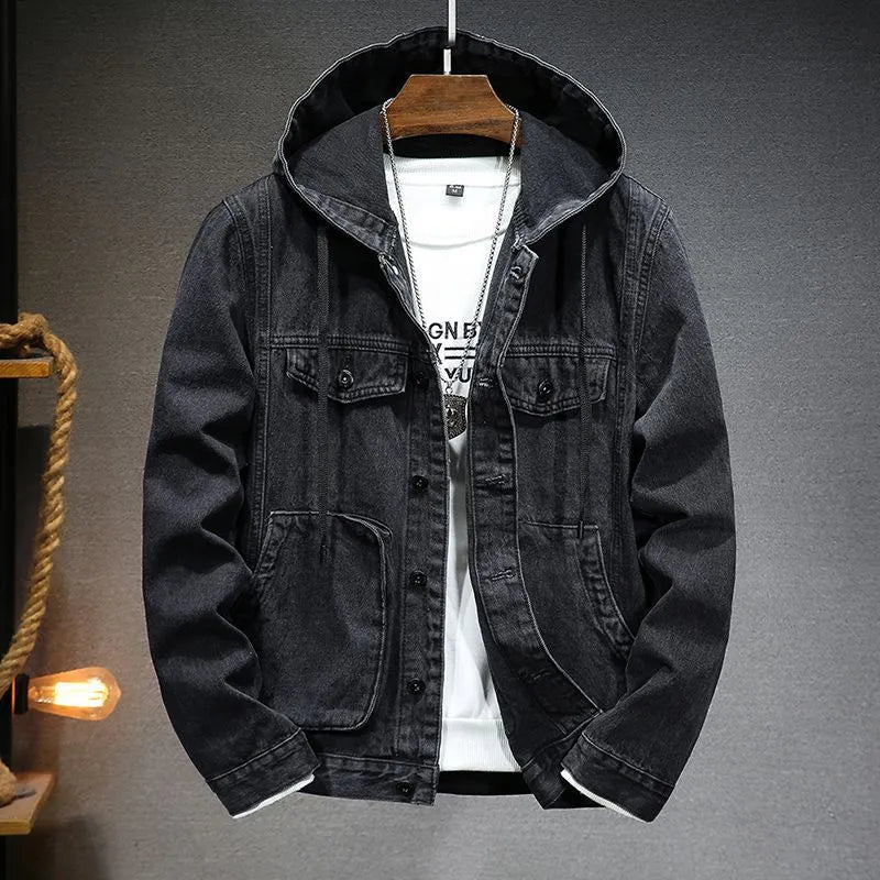 Men's hooded denim jacket in light blue, dark blue, or black, slim fit with cotton lining and size stick pocket, sizes M to 5XL.