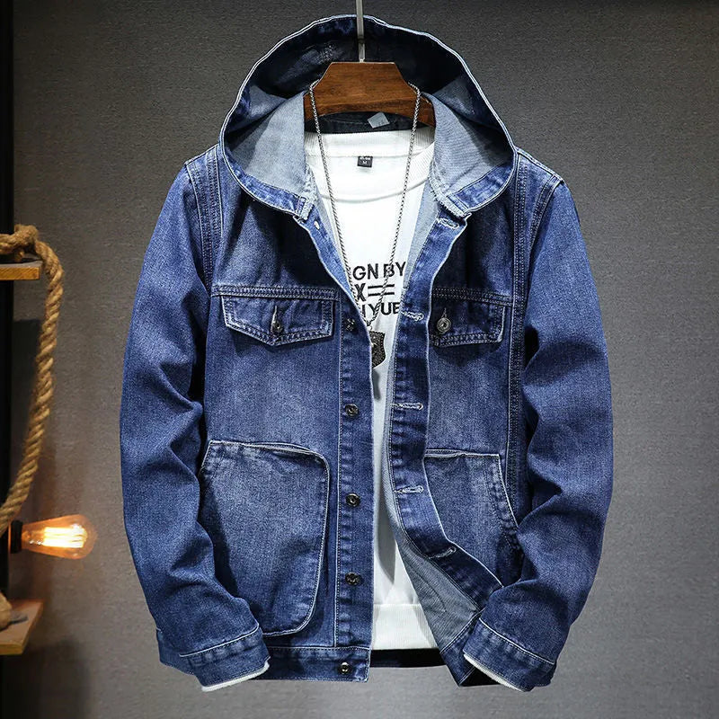 Men's hooded denim jacket in light blue, dark blue, or black, slim fit with cotton lining and size stick pocket, sizes M to 5XL.