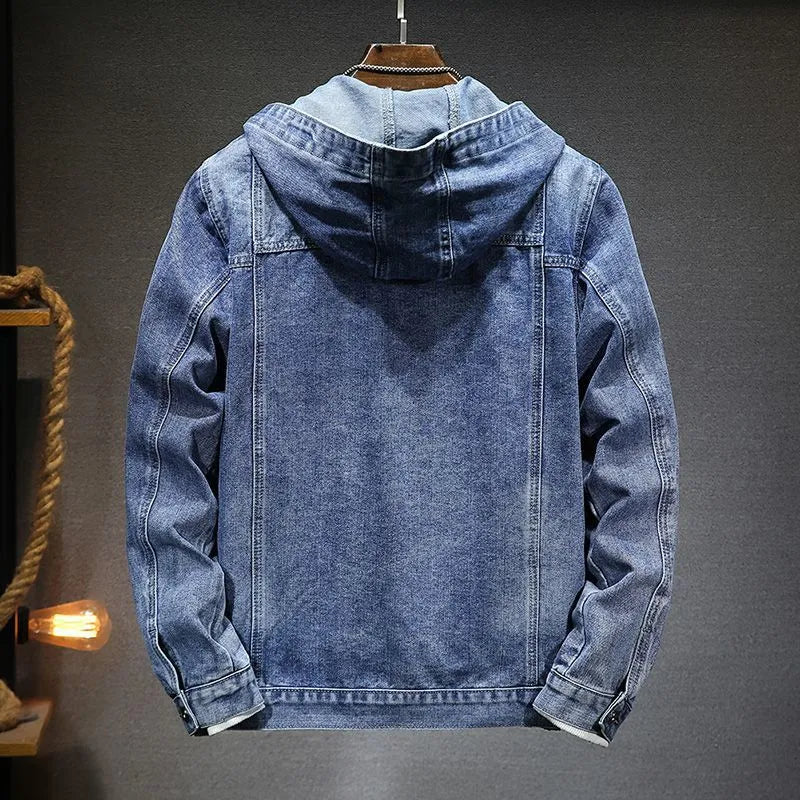Men's hooded denim jacket in light blue, dark blue, or black, slim fit with cotton lining and size stick pocket, sizes M to 5XL.