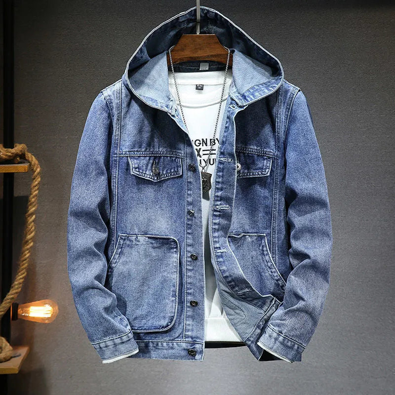 Men's hooded denim jacket in light blue, dark blue, or black, slim fit with cotton lining and size stick pocket, sizes M to 5XL.