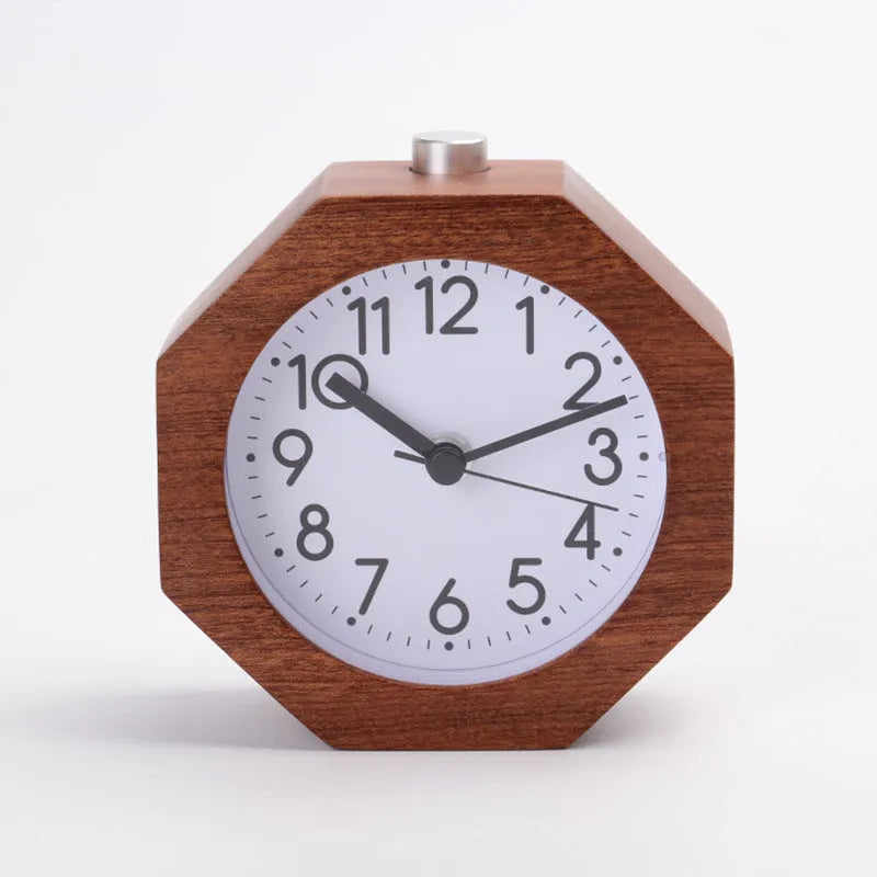 Polygonal beech wood alarm clock with luminous display, brown white finish, compact 9.5cm size