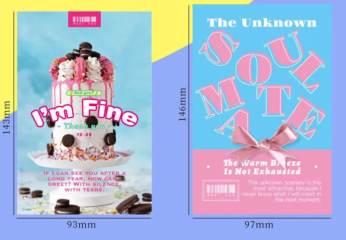 Creative postcard set showing two designs with Time Not Arrived and Warm Wind Not Exhausted messages