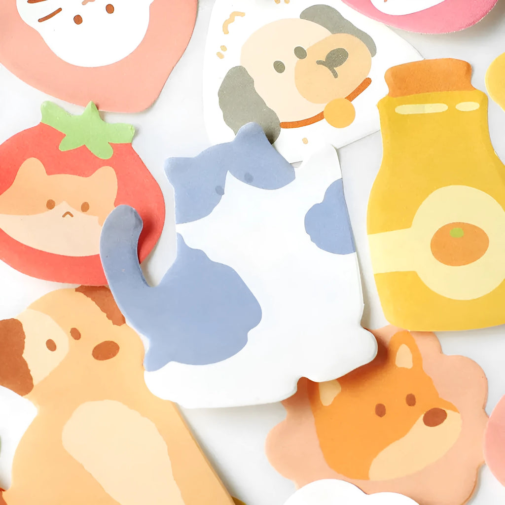 Small animal shaped sticky note set with 90 pages showing six cover designs including a kitten, puppy, and sea otter.