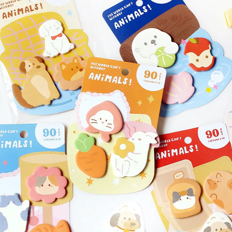 Small animal shaped sticky note set with 90 pages showing six cover designs including a kitten, puppy, and sea otter.