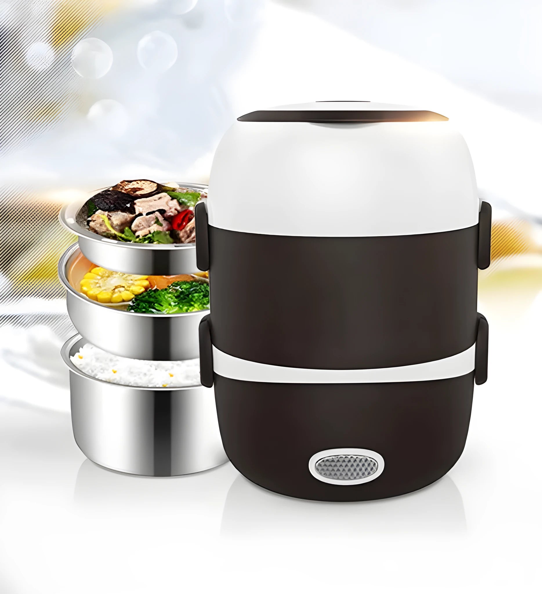 USB-powered lunch box with 200W heating capacity showing two-layer and three-layer configuration options