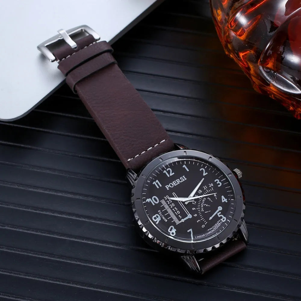 Men's brown watch set including watch, belt, glasses, and wallet in OPP packaging