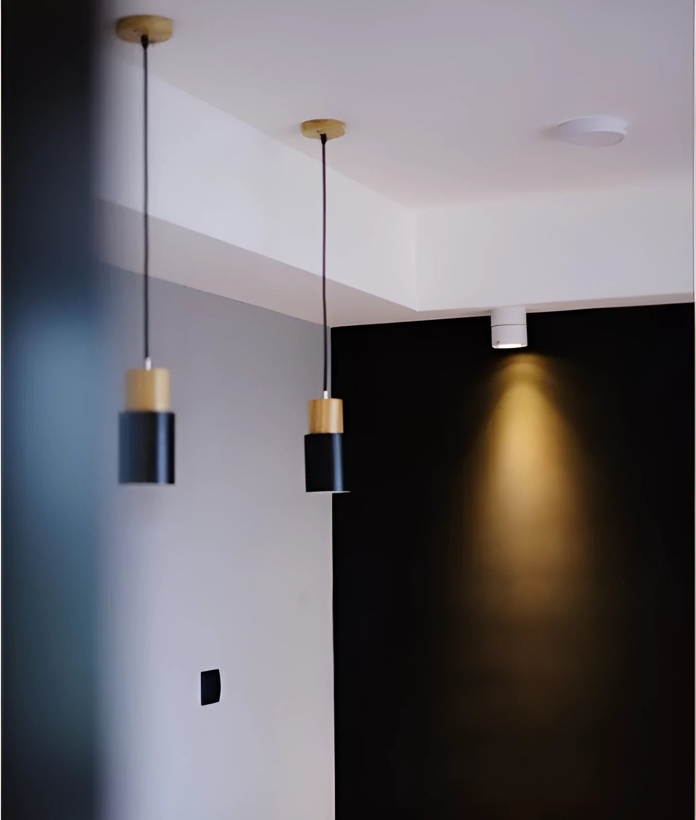 Nordic-style square pendant light made from solid wood and wrought iron in five colour options