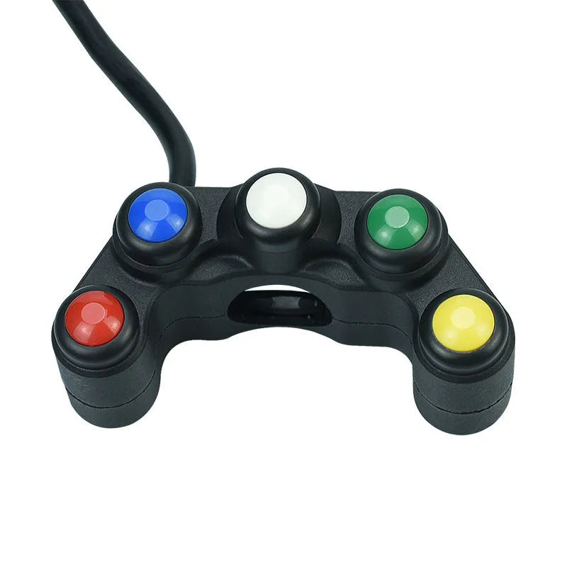 Plastic five-position rocker switch with coloured button, 52cm cable, and mounting bracket for vehicle accessory control.