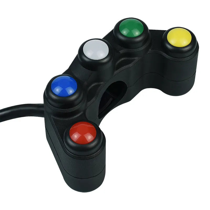 Plastic five-position rocker switch with coloured button, 52cm cable, and mounting bracket for vehicle accessory control.