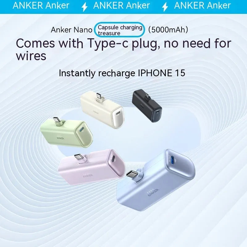 Compact capsule-shaped power bank in multiple colours with a fold-out USB-C cable.