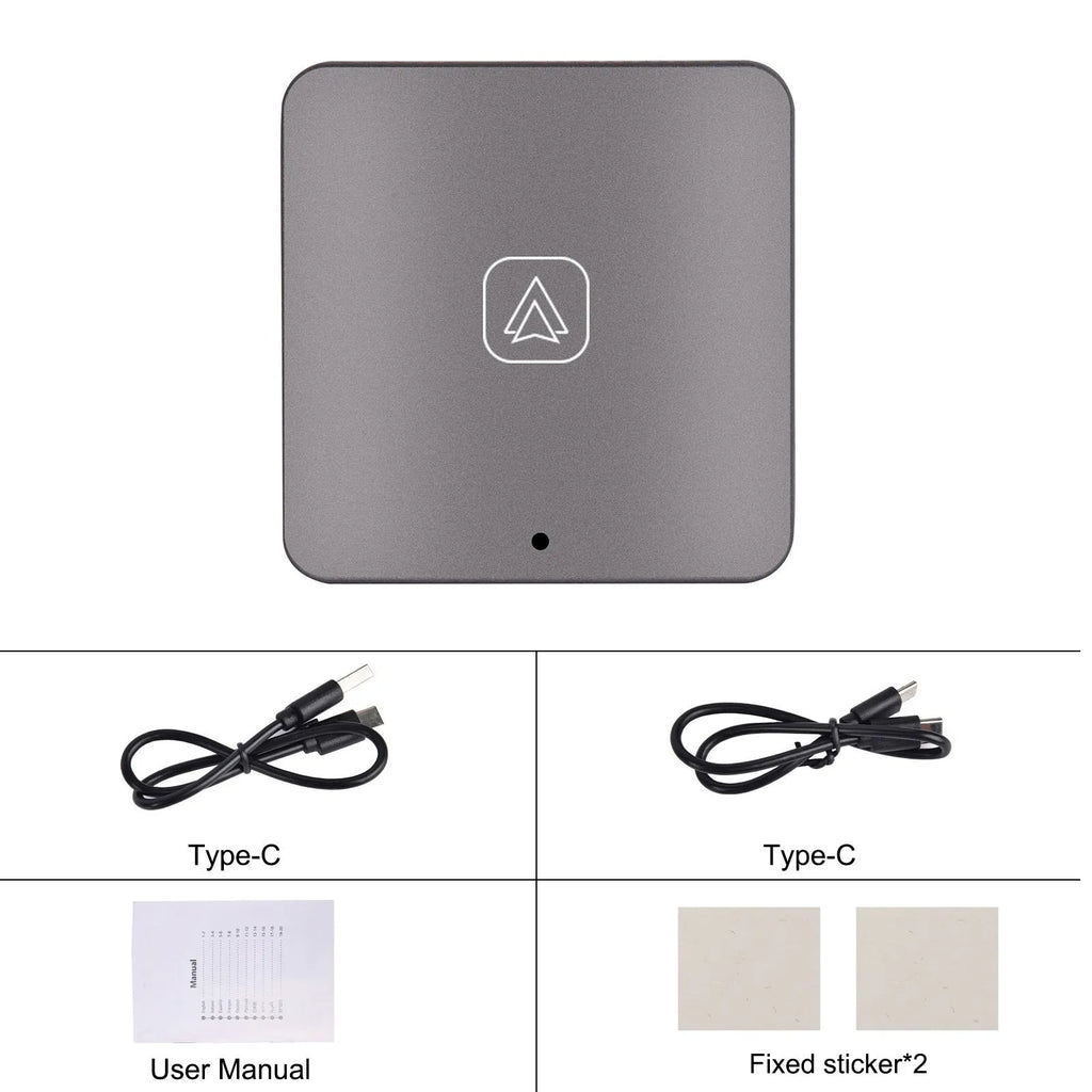 Black wireless CarPlay module with connection cables for converting wired car systems to wireless operation