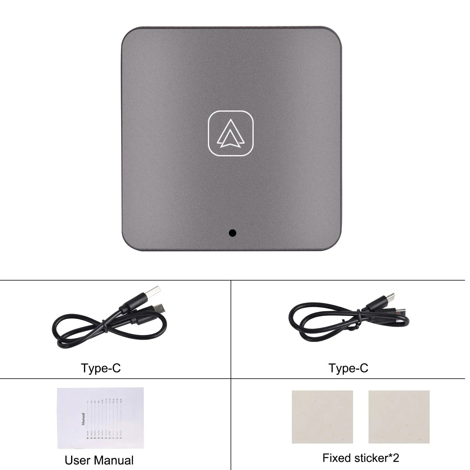 Black wireless CarPlay module with connection cables for converting wired car systems to wireless operation