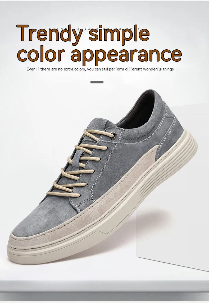 Men's casual leather skate shoes in grey colour with round toe and lace-up front