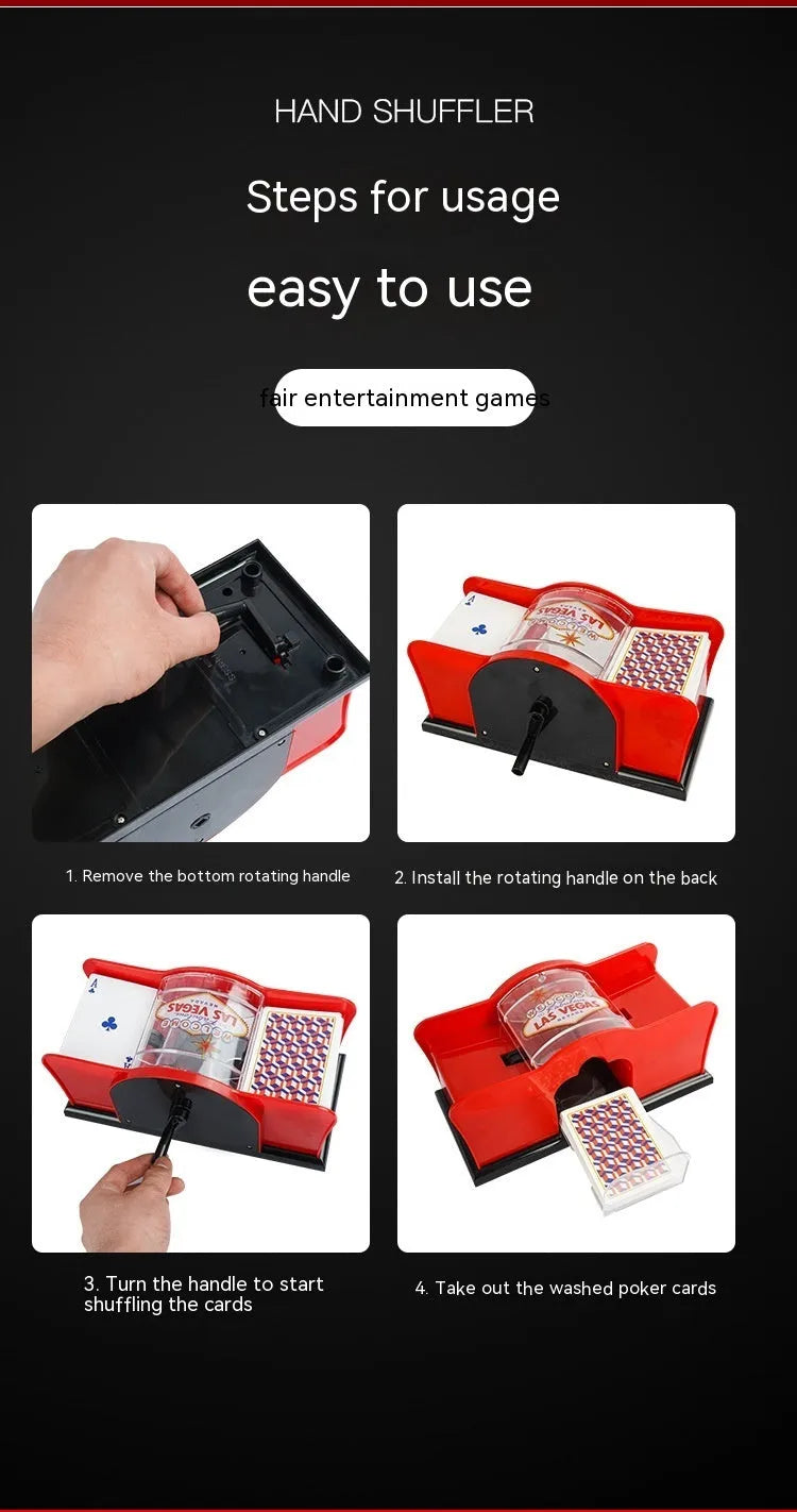 Manual card shuffler with hand crank mechanism on table with playing cards