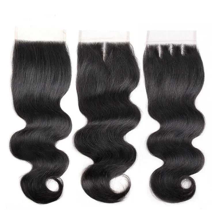 Brazilian human hair bundles with closure: 4 straight bundles in 10, 12, 14, 16 inches natural black