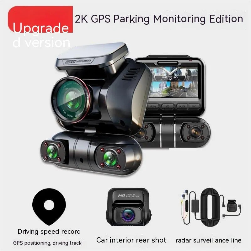 Four-lens car dash camera with 2-inch screen for parking surveillance and GPS logging