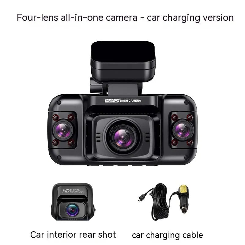 Four-lens car dash camera with 2-inch screen for parking surveillance and GPS logging