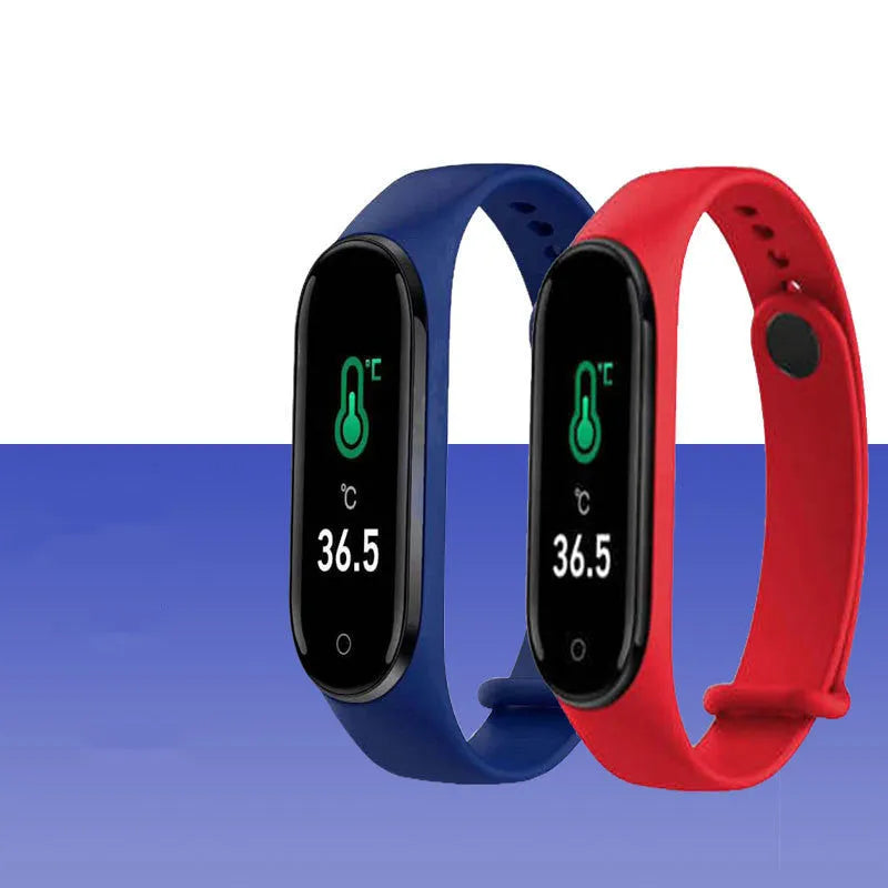 Temperature measuring smart watch in blue, black, and red, 25.5cm, ABS+PC case, one size.