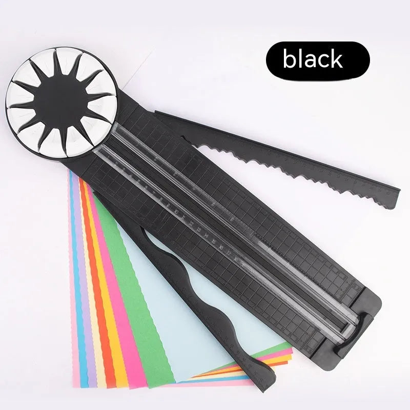 Pink and black 12-in-1 plastic paper cutting machine with dotted guides for A4 paper