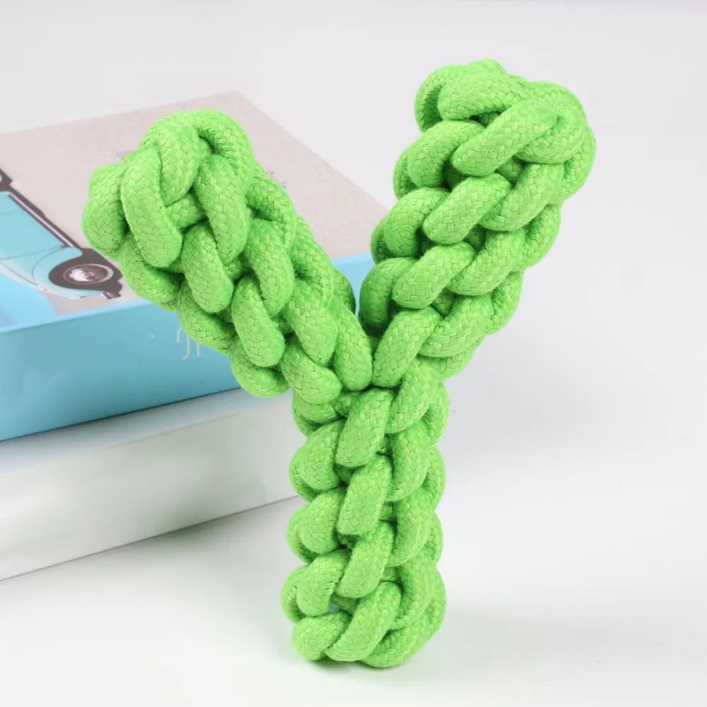 Y-shaped cotton rope dog toy for large dogs in blue, green, or yellow colours
