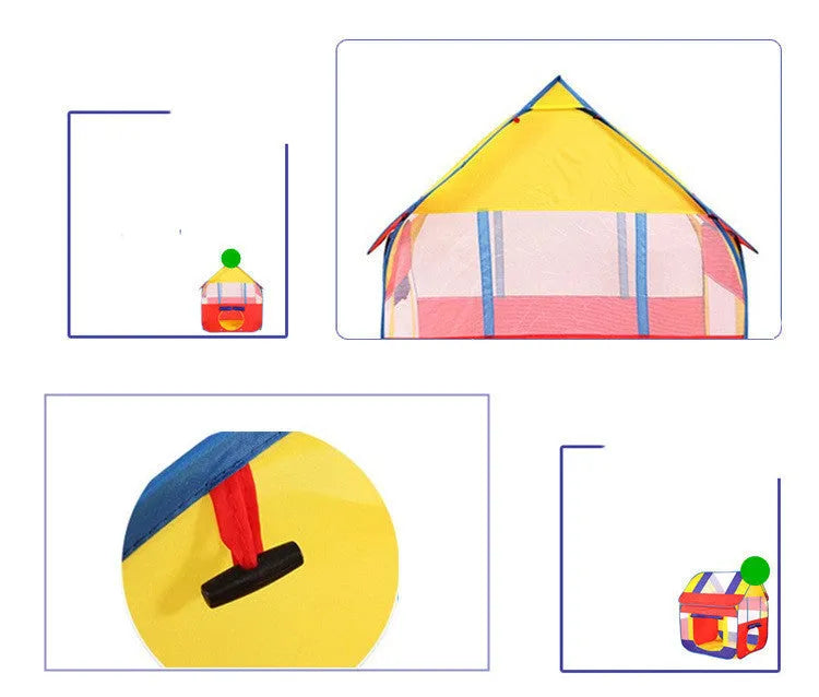 Outdoor children's play tent with roll-up curtains in garden setting