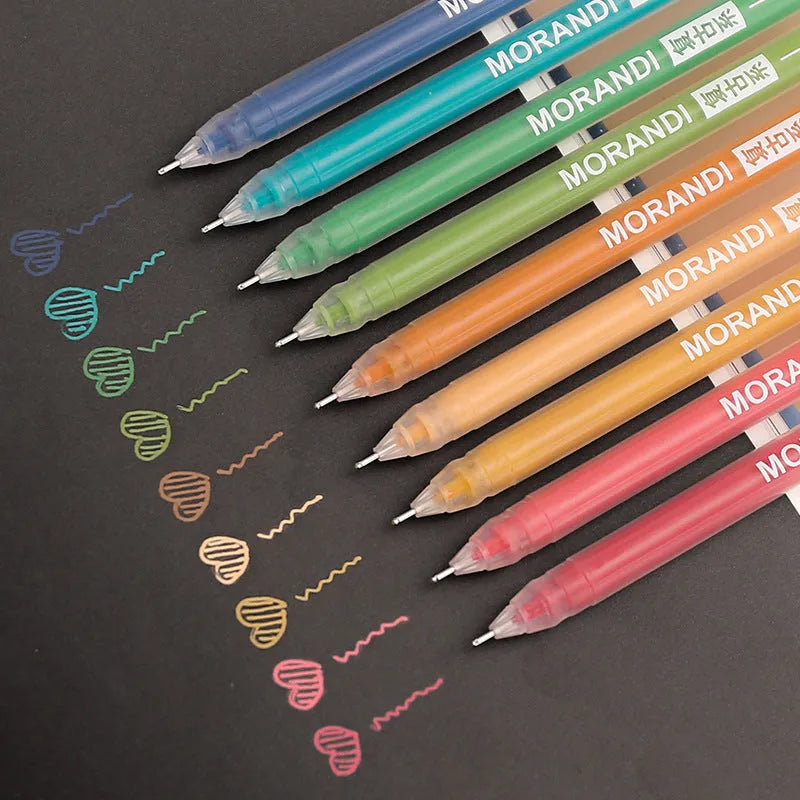 Set of nine colourful retro-style gel pens with 0.5mm needle tips in a plastic case.