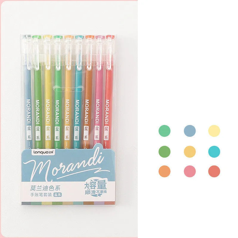 Set of nine colourful retro-style gel pens with 0.5mm needle tips in a plastic case.