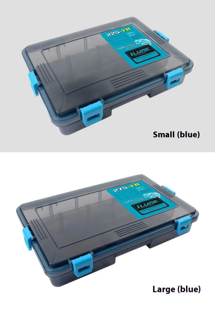 Waterproof fishing lure storage box in PP plastic showing colour options and size specifications