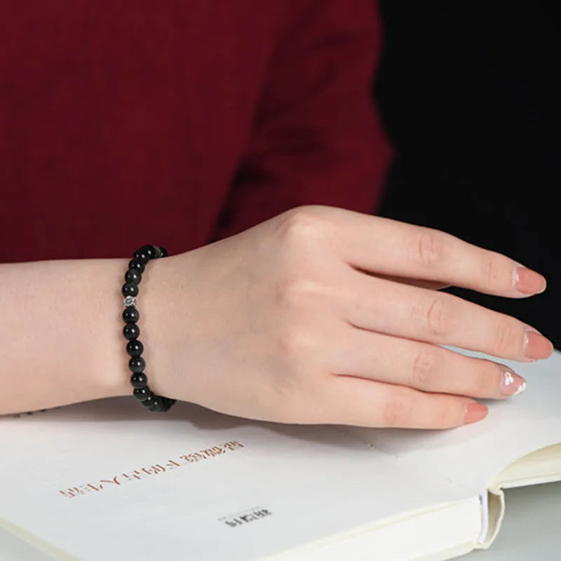 Natural obsidian bracelet with S925 sterling silver dragon phoenix decorations and constellation design on 6mm beads